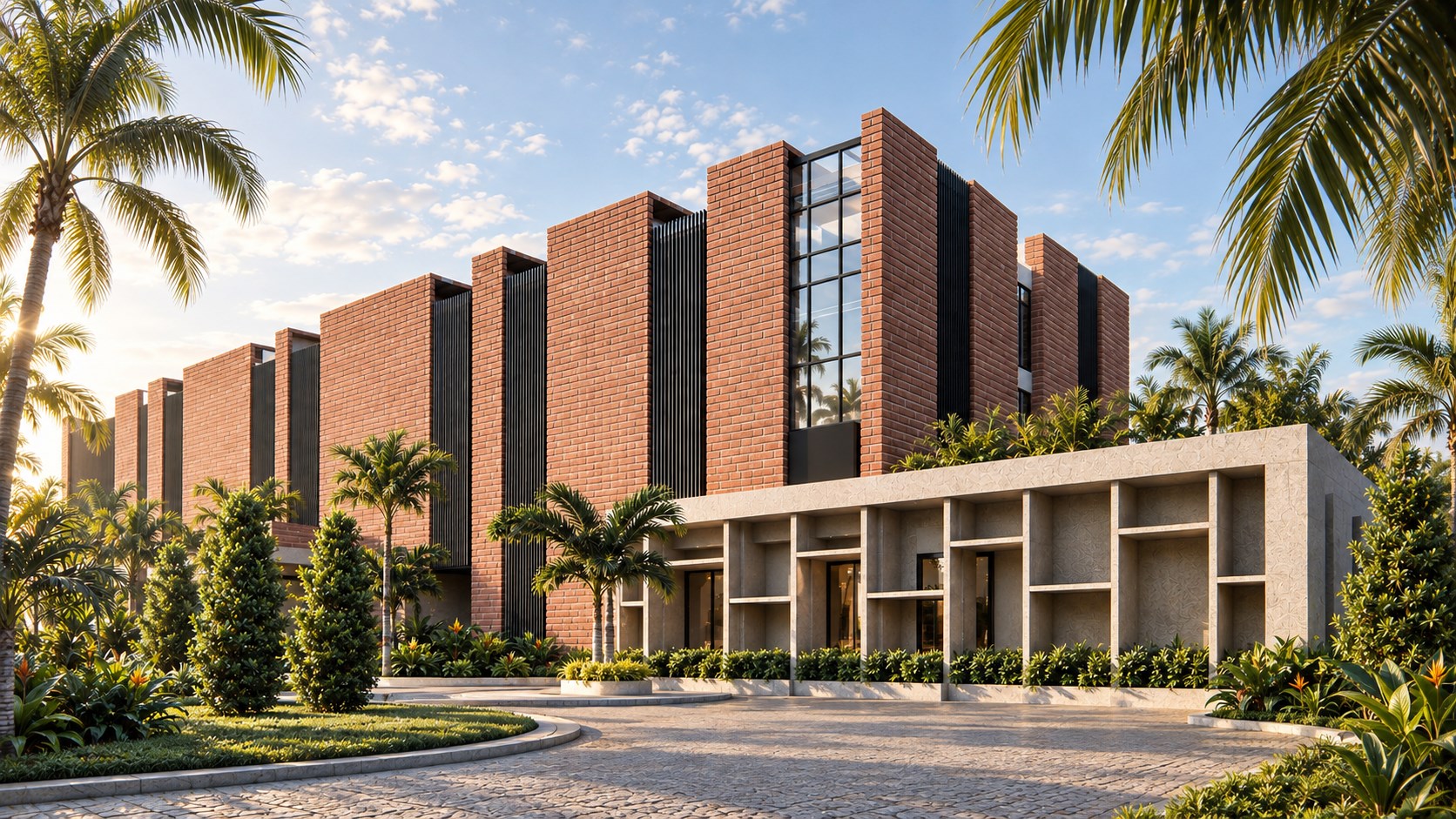 Ramgarh main building entrance framed by palms