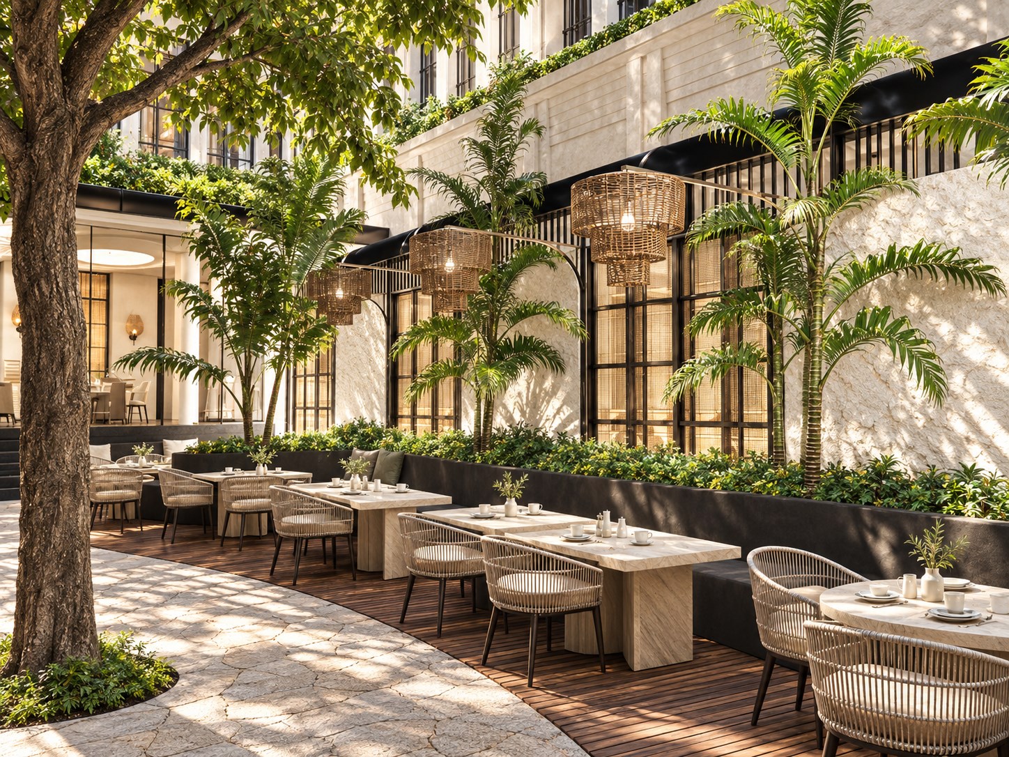 Sunlit courtyard with woven chairs and landscaped dining spaces