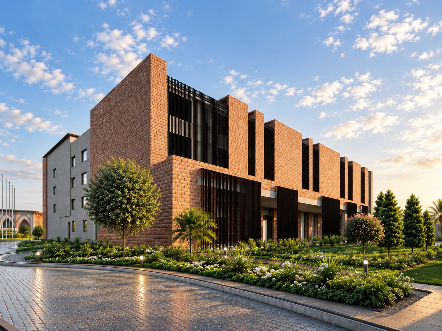Ramgarh brick main building and landscaped gardens in afternoon light