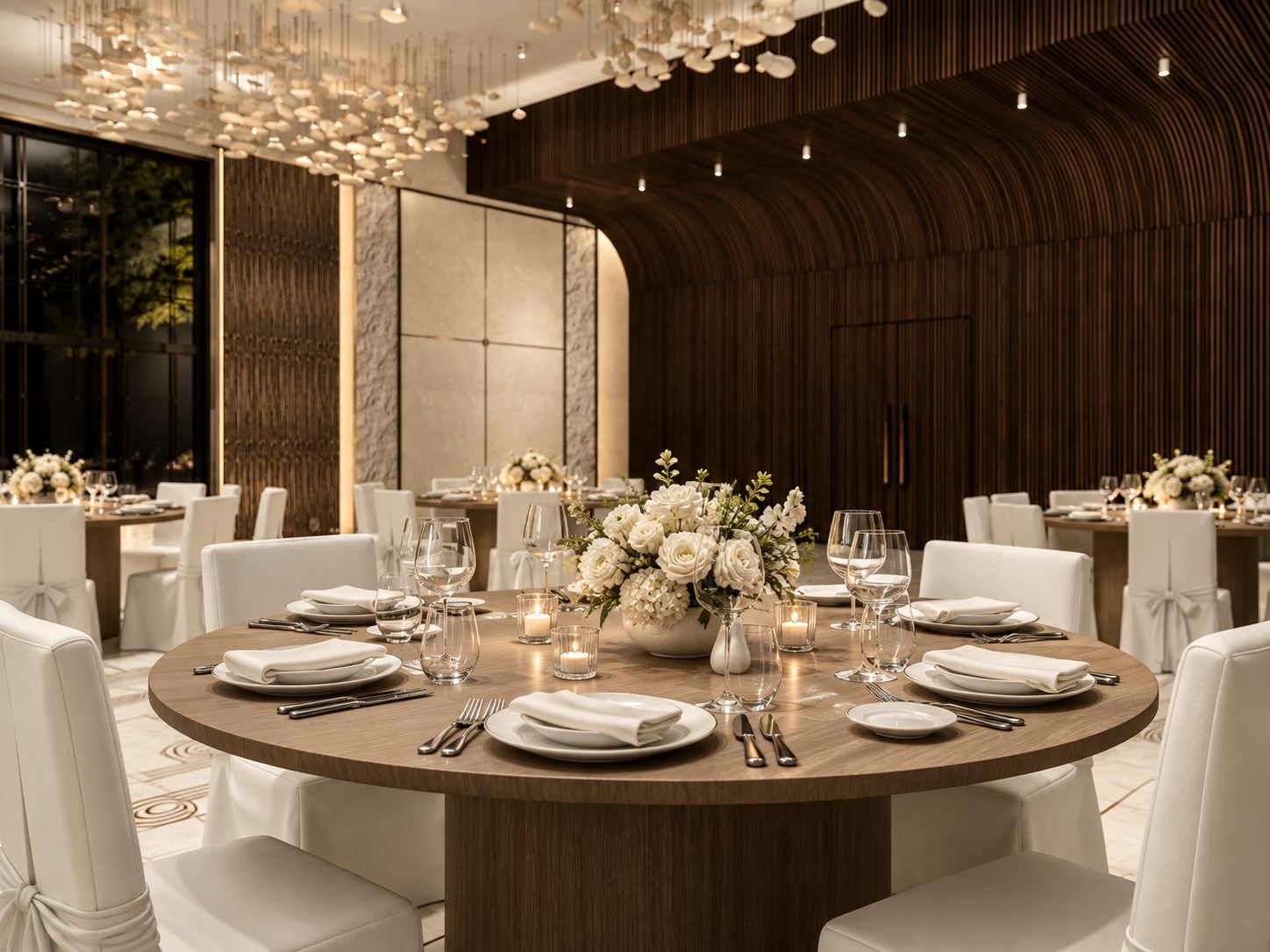 Banquet table setting with flowers and white porcelain