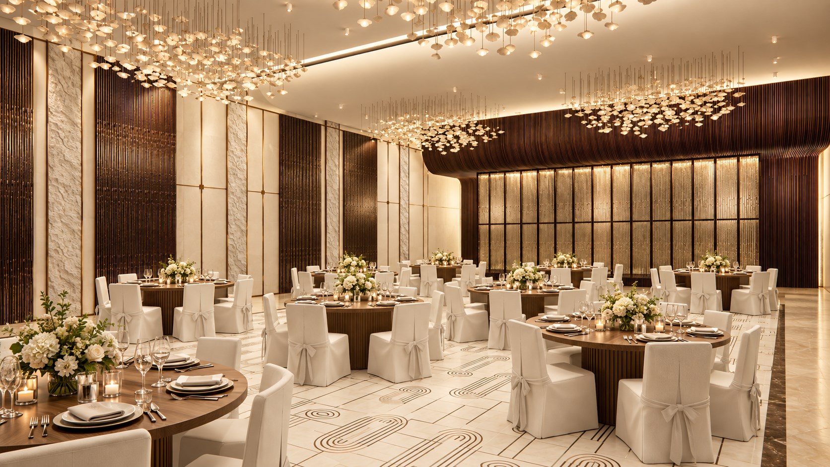 Elegant banquet hall with round tables and sculptural pendant lights
