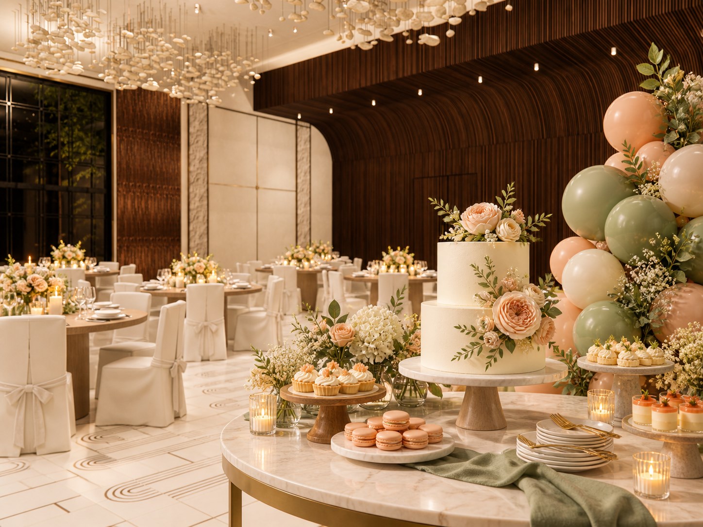 Birthday cake table with pastel balloons