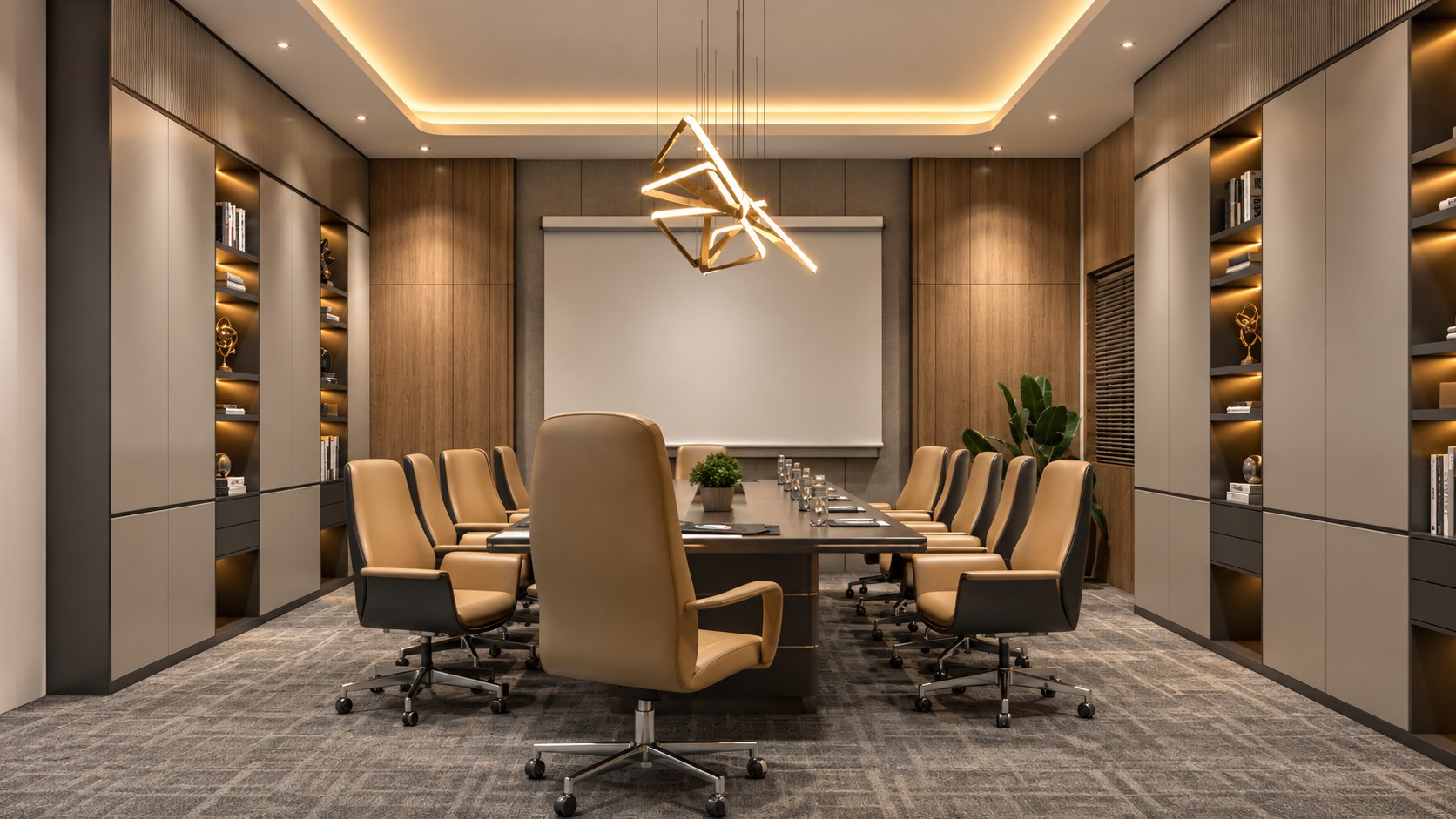 Conference room with tan chairs and geometric pendant lighting