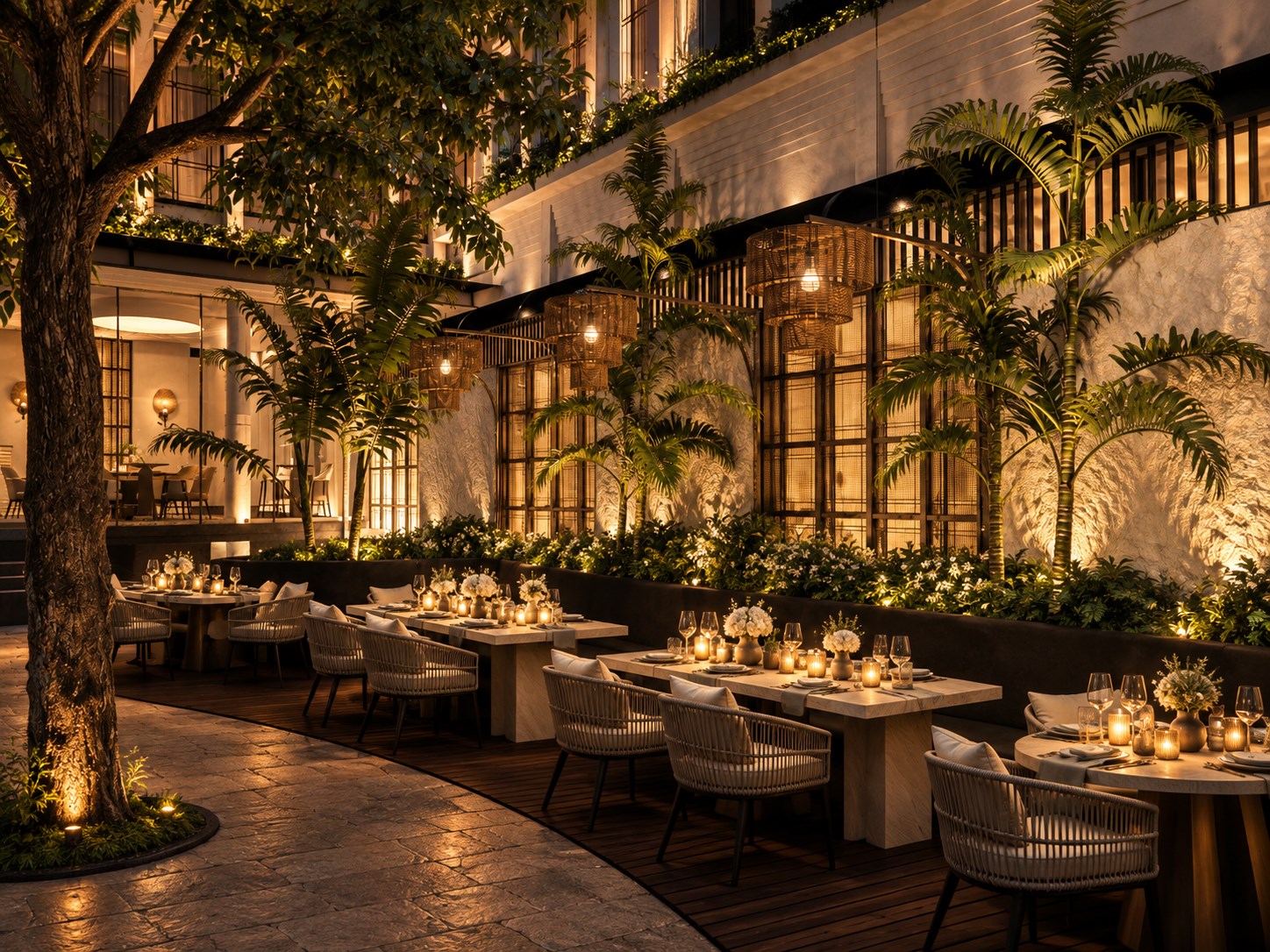 Candlelit courtyard dining arrangement