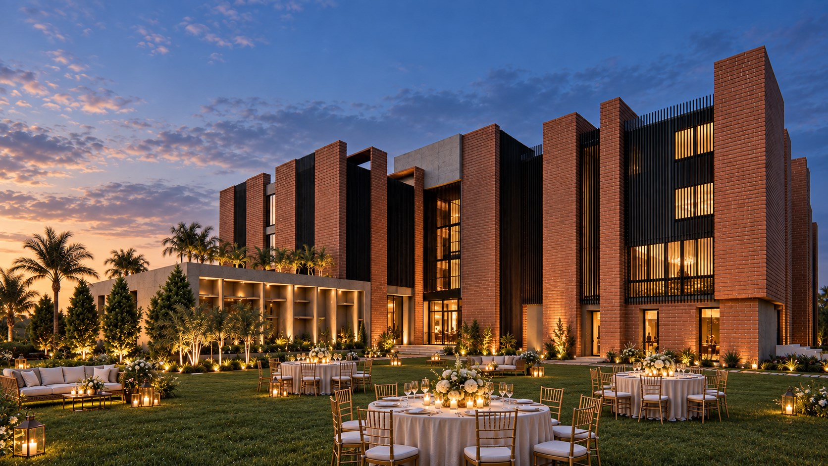 Evening social gathering setup on the main-building lawn