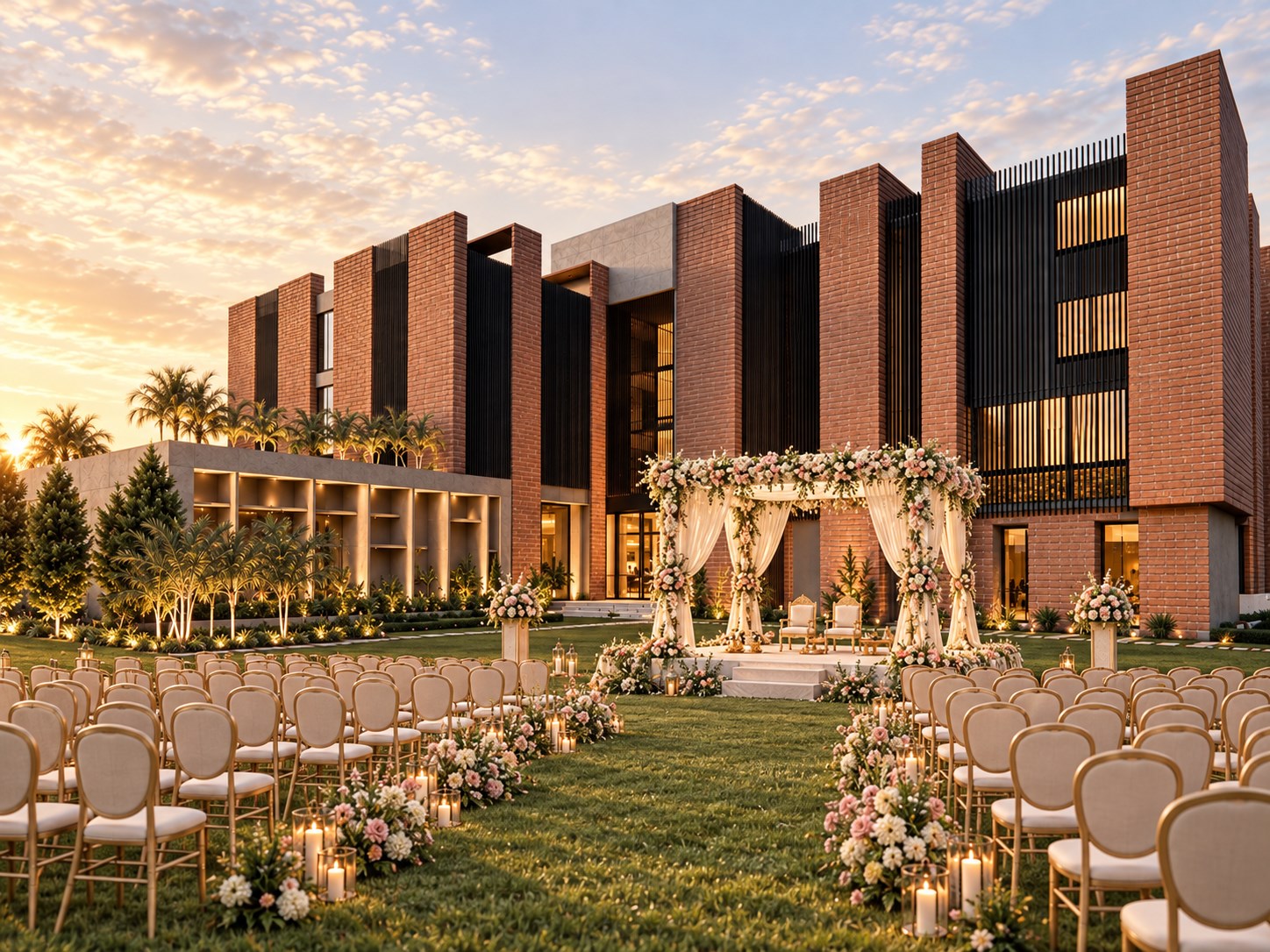 Floral wedding mandap on the main-building lawn