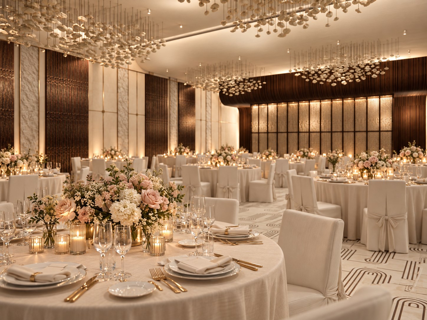 Wedding reception table with blush flowers and candlelight