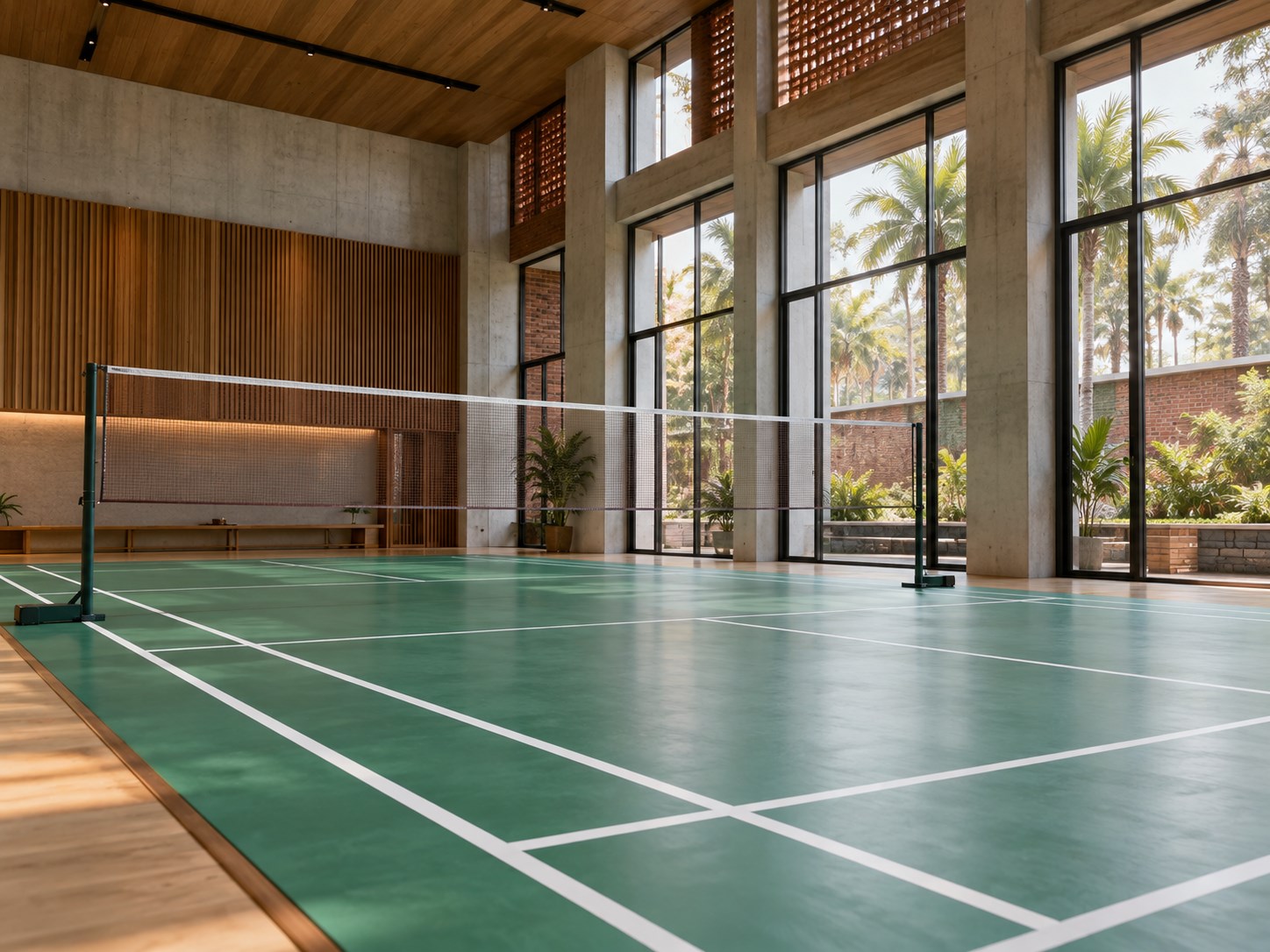 low sideline angle focused on badminton net and correctly marked green court, daylight through tall windows