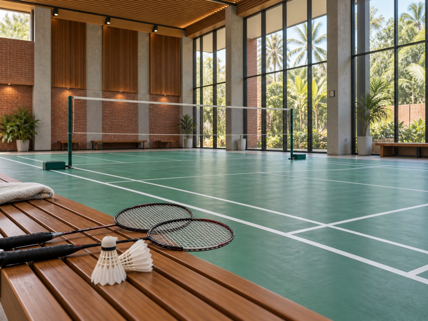 two badminton rackets and white feather shuttlecocks on a timber courtside bench with the same green indoor court behind