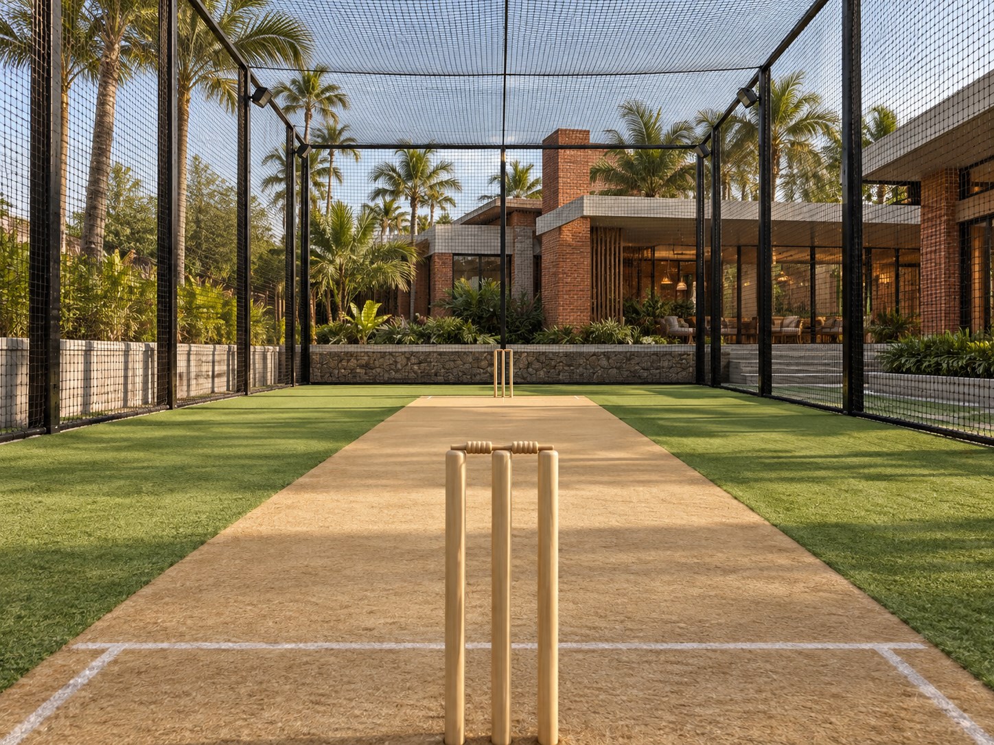 pitch-level view along the cricket pitch toward a correctly formed three-stump wicket inside the net enclosure