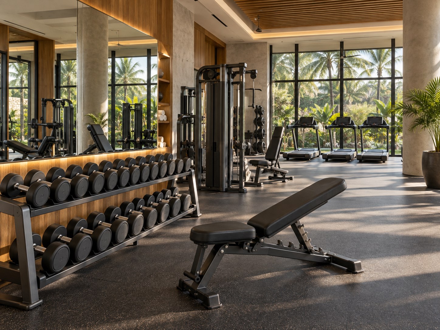 close wide view of neatly organised dumbbell rack and adjustable workout bench on rubber floor, warm timber and mirror wall