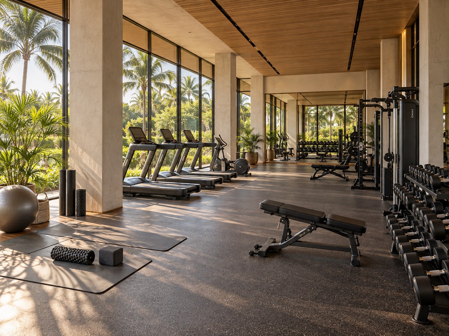 sunlit stretch and mobility corner with exercise mats, foam rollers and large windows overlooking tropical landscaping