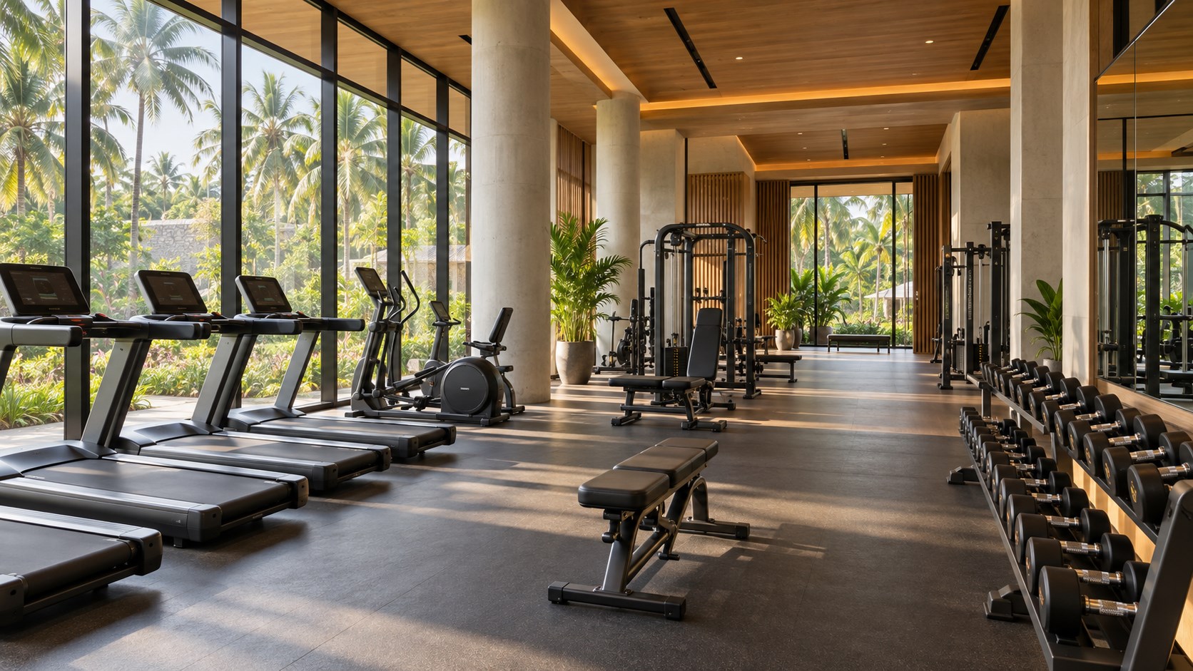 Gymnasium at a landscaped resort
