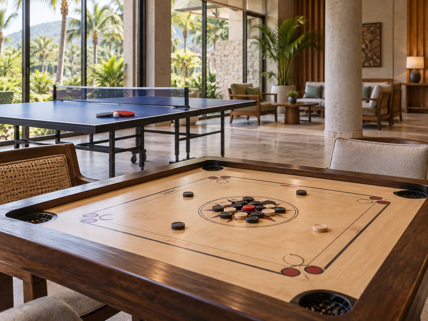 close view of polished wooden carrom board with corner pockets and arranged black and white carrom coins and red queen on a dedicated games table
