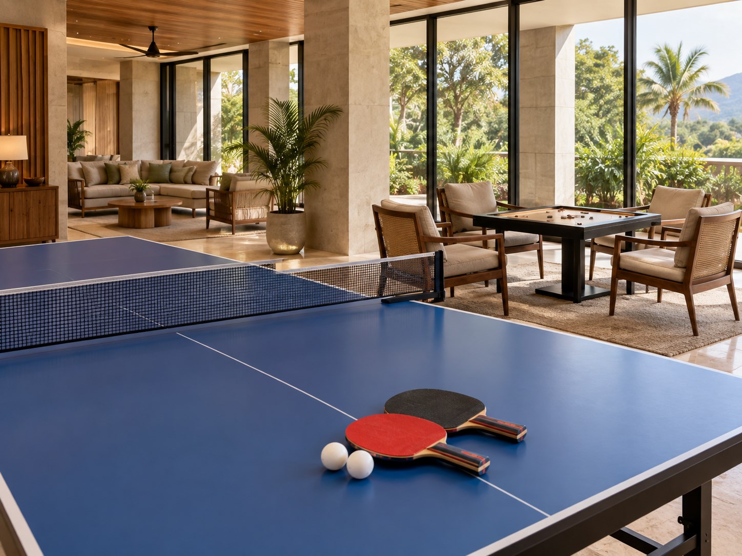 table tennis table with two red and black paddles and white ping pong balls in foreground, elegant warm indoor games lounge