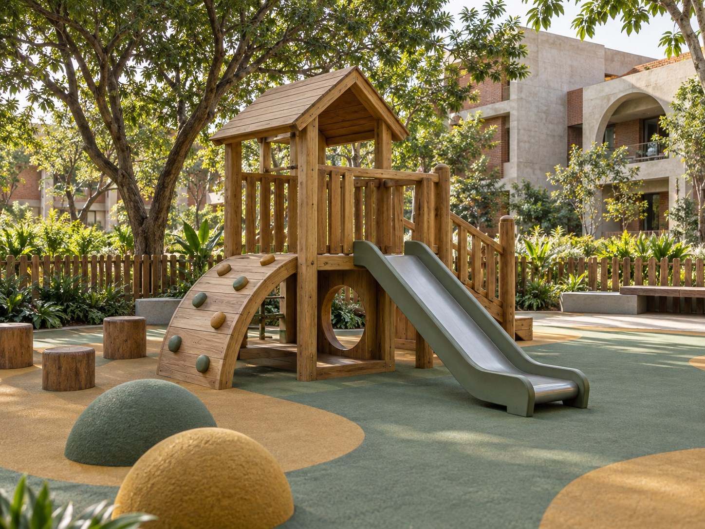 closer view of low timber climbing play structure and small slide with rounded edges, soft green and ochre rubber play surface and shady planting