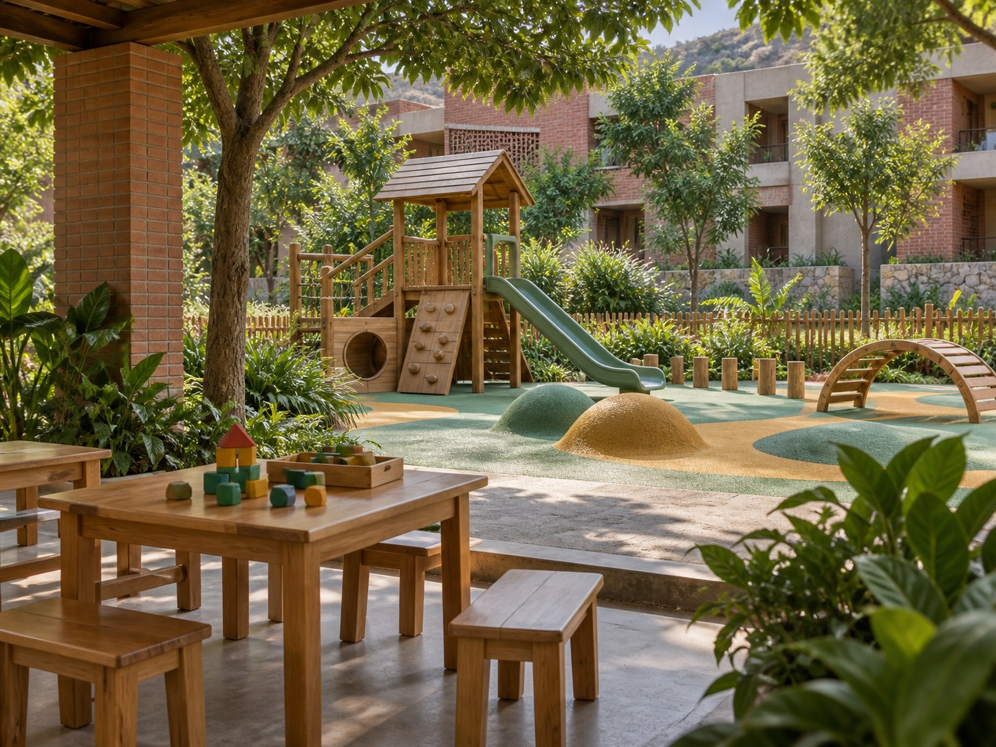 shaded children's activity corner with child-sized wooden tables and benches, simple colourful building blocks, garden playground visible beyond