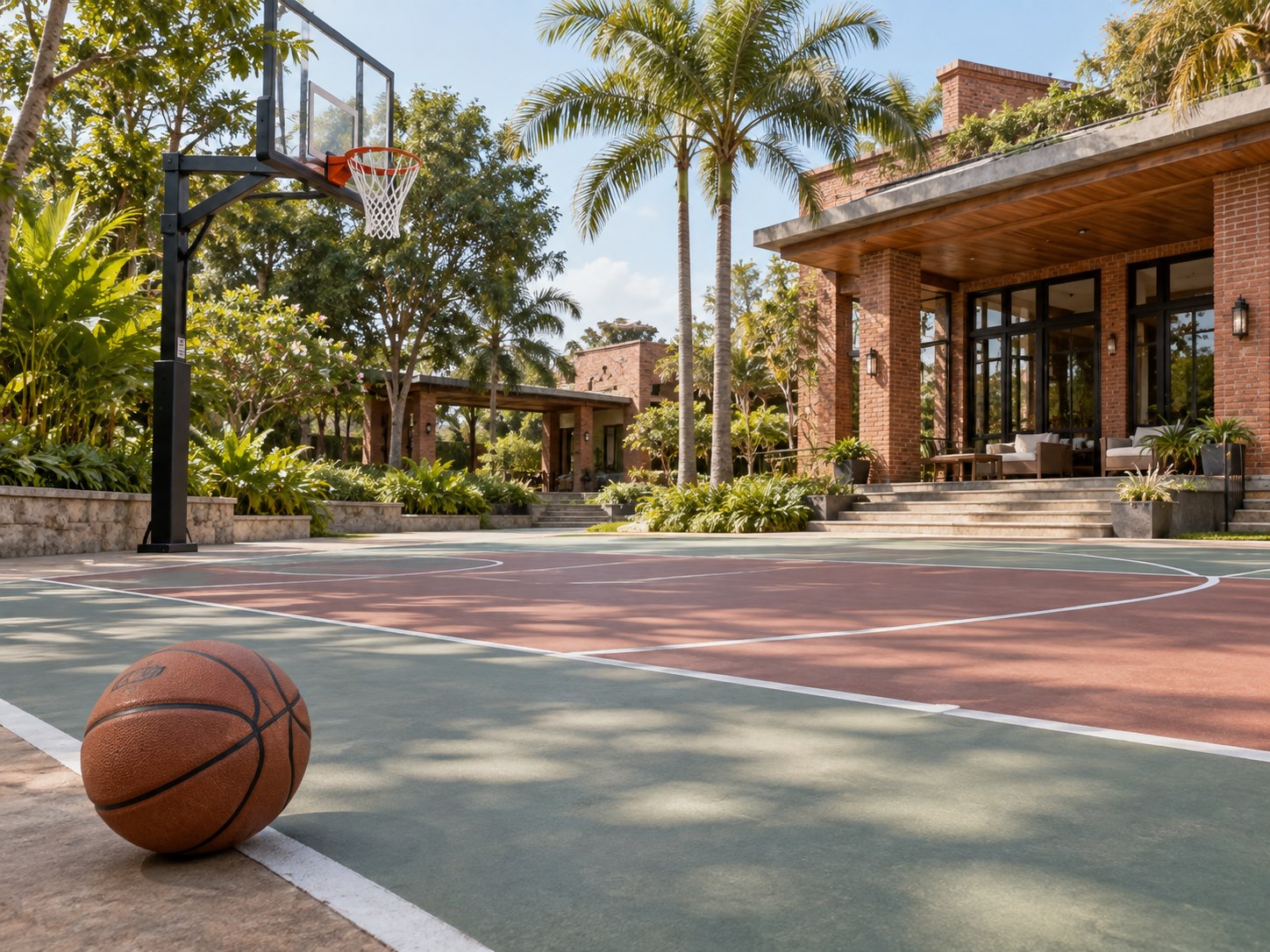 court-level view of a basketball resting near the sideline with basketball hoop and brick resort pavilion in background