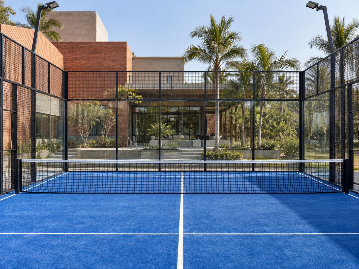 inside-court view looking toward glass back wall and blue padel playing surface, black steel enclosure, crisp afternoon light