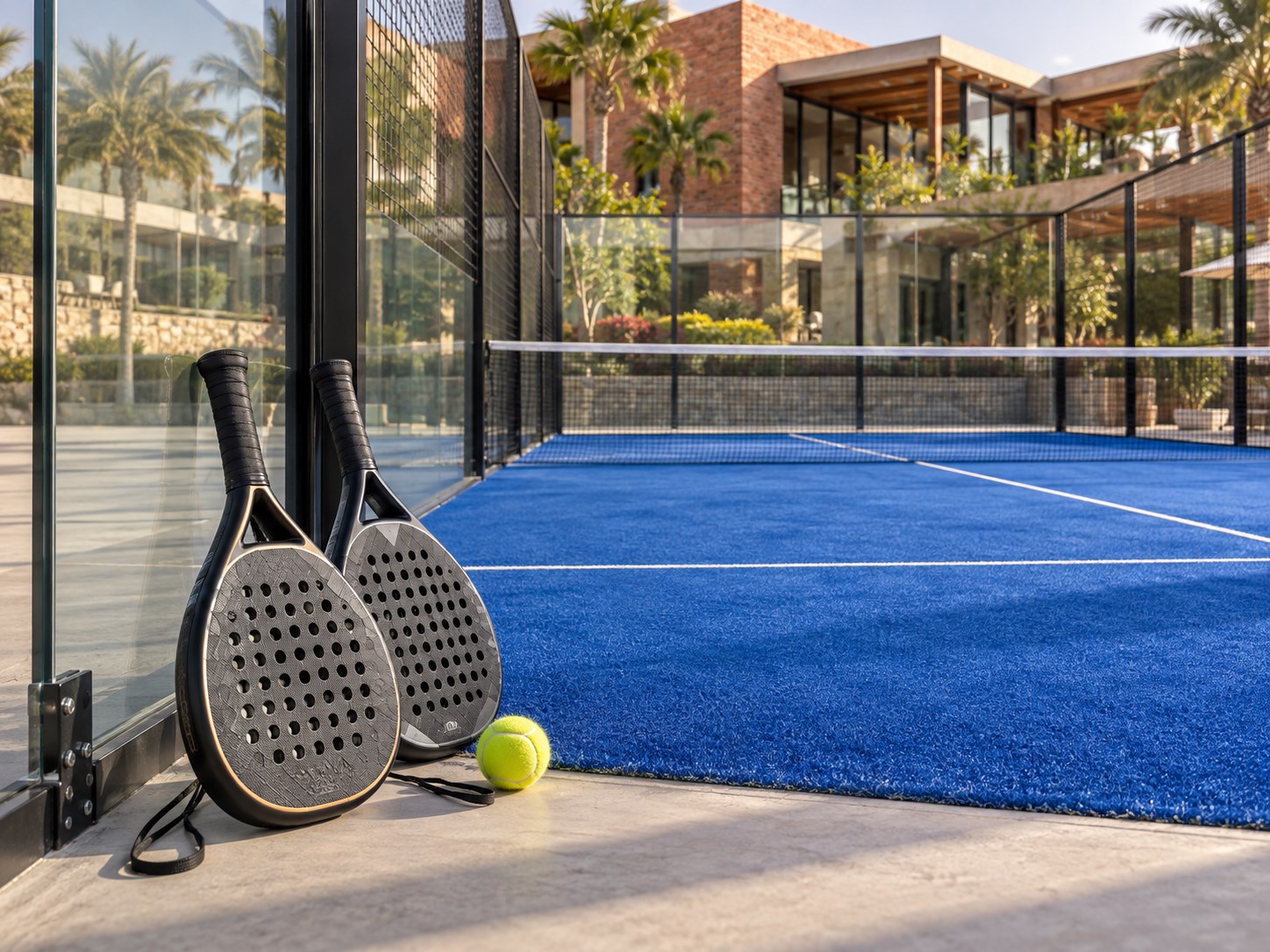 two short solid perforated padel rackets and a yellow padel ball beside the transparent glass court wall, blue turf behind