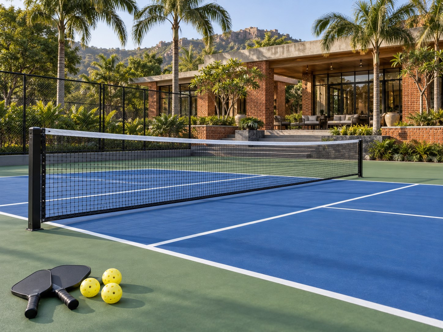 court-level diagonal view of the low pickleball net and blue non-volley kitchen lines, landscaped resort beyond