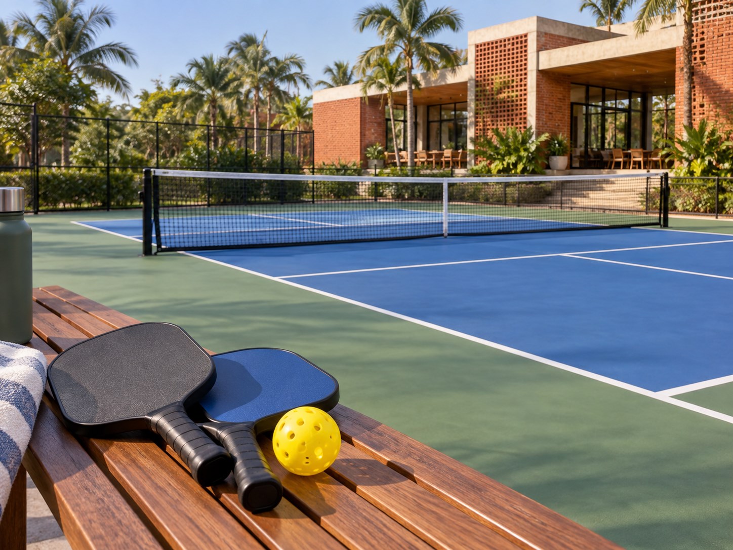 two solid pickleball paddles and a yellow perforated plastic pickleball on a courtside bench, blue pickleball court in background
