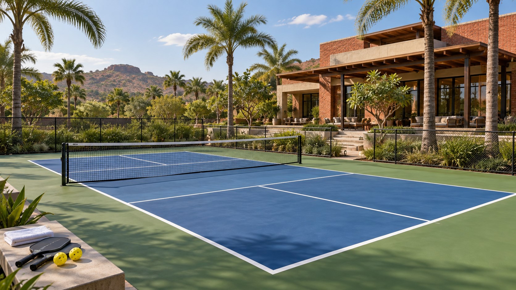 Pickleball at a landscaped resort